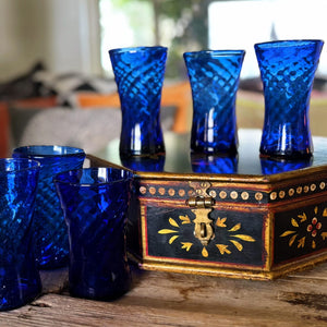 My House by Marine Water/Juice Glasses Antique Floral Painted Solid wood Box with 6 Italian Cobalt glasses