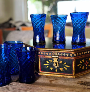 My House by Marine Water/Juice Glasses Antique Floral Painted Solid wood Box with 6 Italian Cobalt glasses