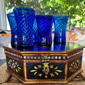 My House by Marine Water/Juice Glasses Antique Floral Painted Solid wood Box with 6 Italian Cobalt glasses