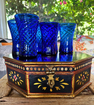 My House by Marine Water/Juice Glasses Antique Floral Painted Solid wood Box with 6 Italian Cobalt glasses