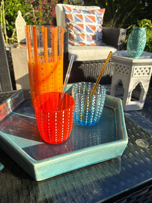 My House by Marine Water/Juice Glasses/Decanter Hand Blown Orange & Blue Colorful Glassware Tumbler Sets and Decanter