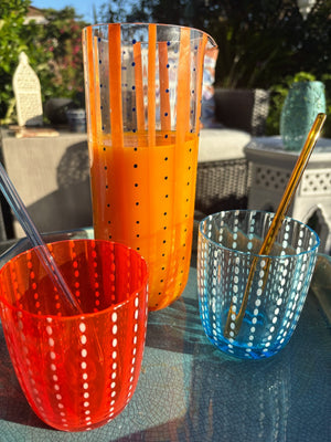 My House by Marine Water/Juice Glasses/Decanter Hand Blown Orange & Blue Colorful Glassware Tumbler Sets and Decanter