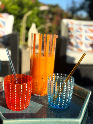 My House by Marine Water/Juice Glasses/Decanter Hand Blown Orange & Blue Colorful Glassware Tumbler Sets and Decanter