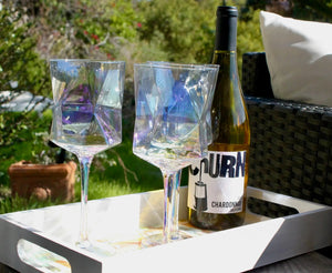 My House by Marine Wine glasses Iridescent Geometric Crystal Wine Glasses Set of 2- Modern Stemware for Elegant Table Decor